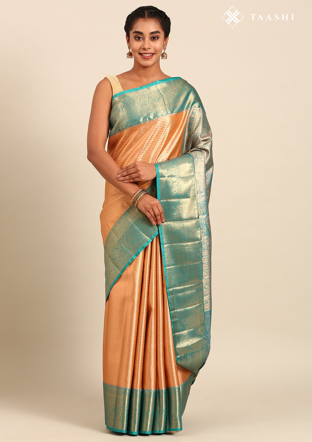 AmberGolden And Teal Color Kanchipuram Saree