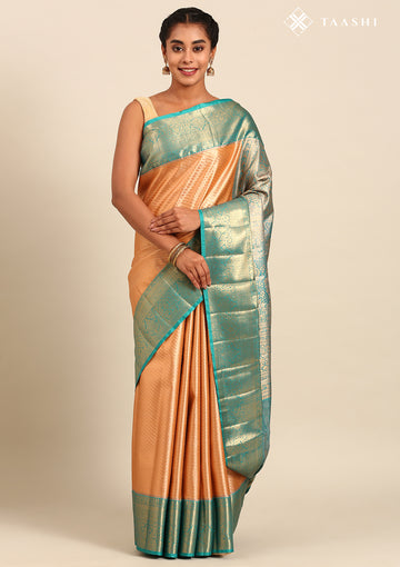 AmberGolden And Teal Color Kanchipuram Saree