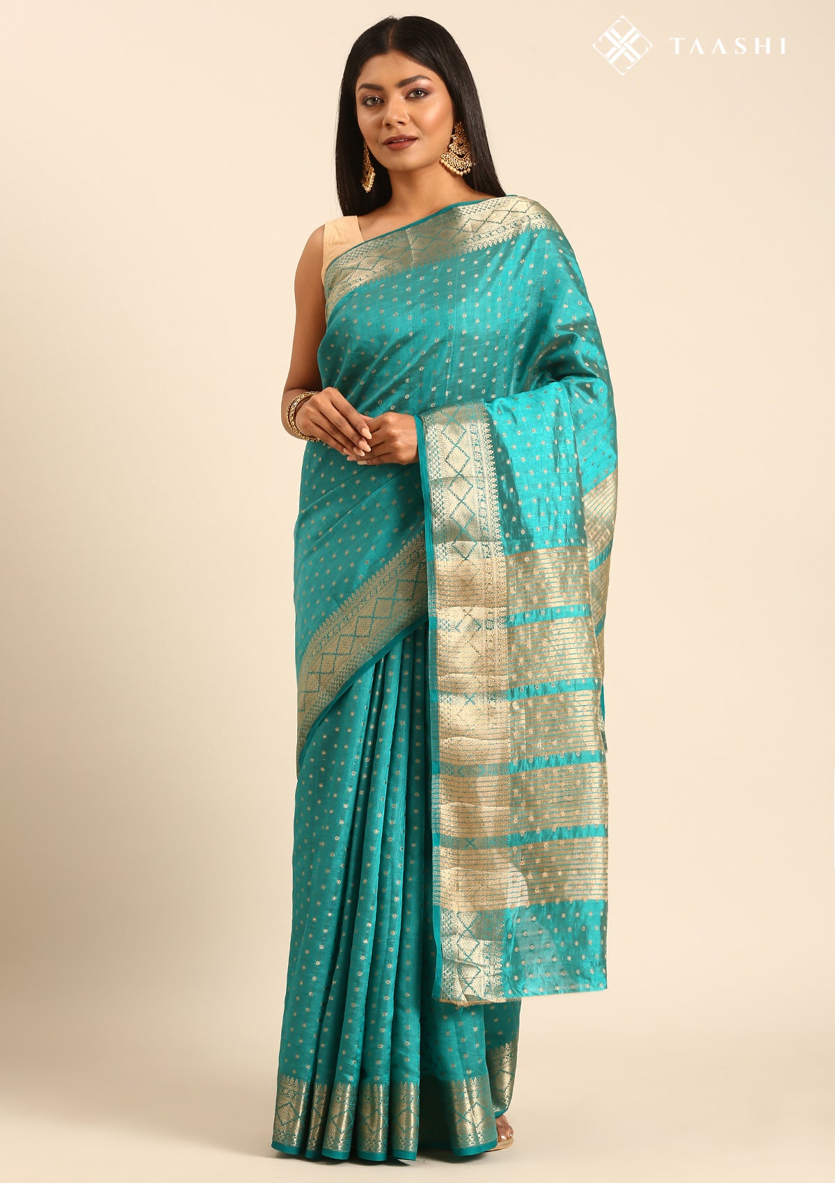 Teal Traditional Zari Butta Woven Tussar Saree