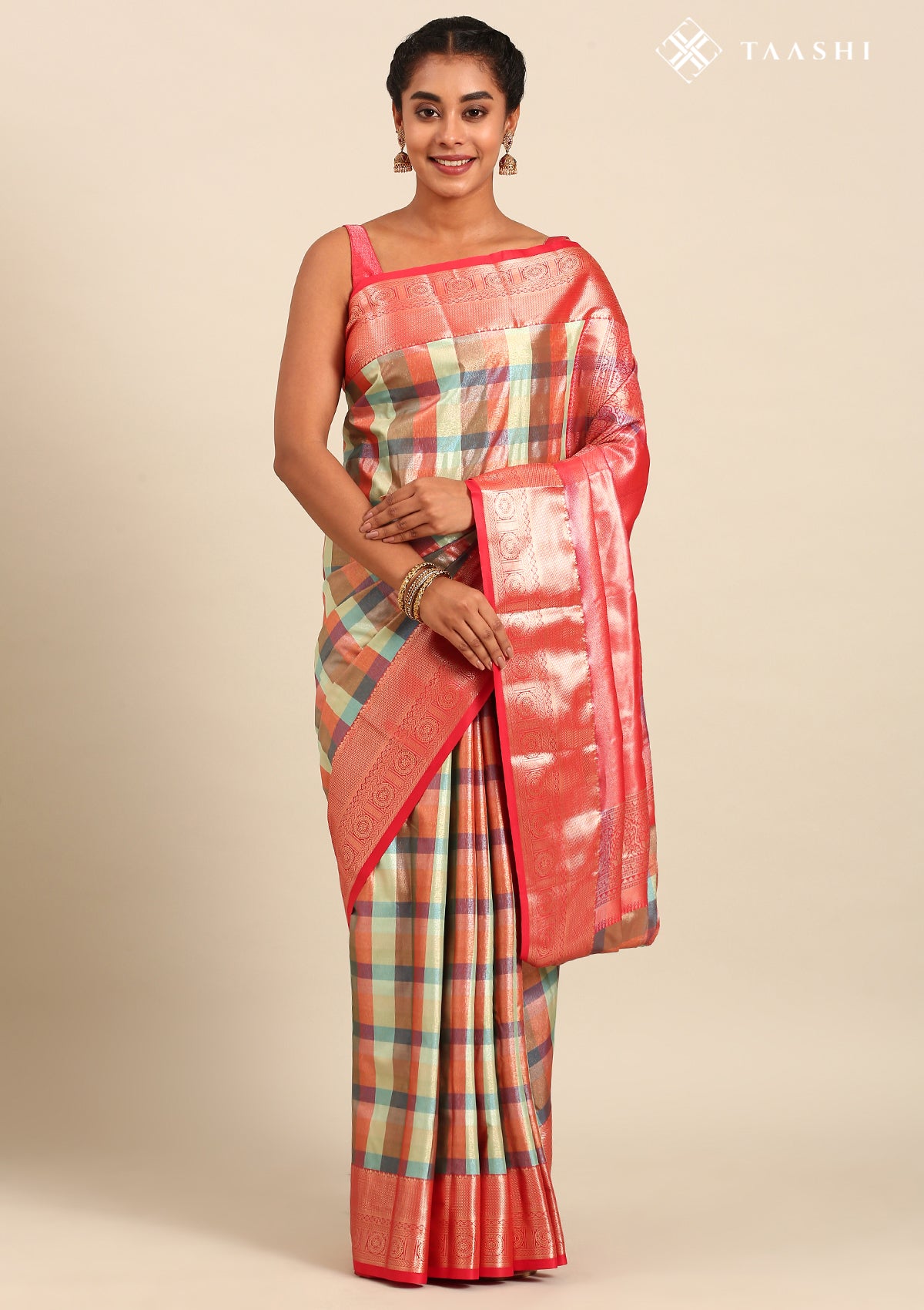 Multicolor Madras Checked Tissue Brocade Kanchipuram Saree