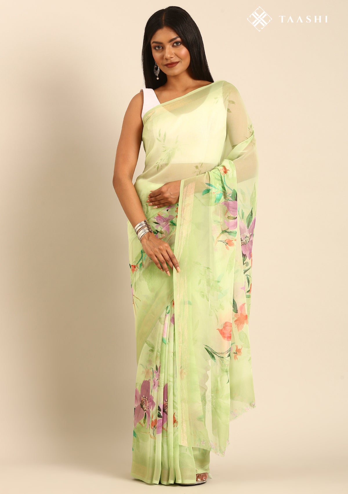 Pastel Green Multicolor Floral Printed Georgette Saree