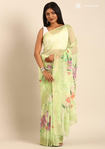 Pastel Green Multicolor Floral Printed Georgette Saree
