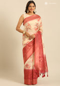 Dusty Red Blue Zari Woven And Floral Printed Organza Saree - Taashi