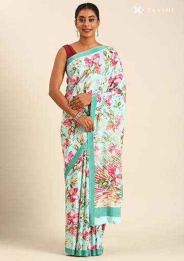 Turquoise Multicolor Watercolor Floral Printed Crepe Saree