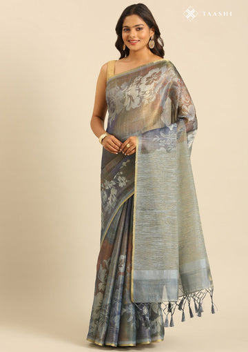 Dusty Blue Tissue Contemporary Printed Saree