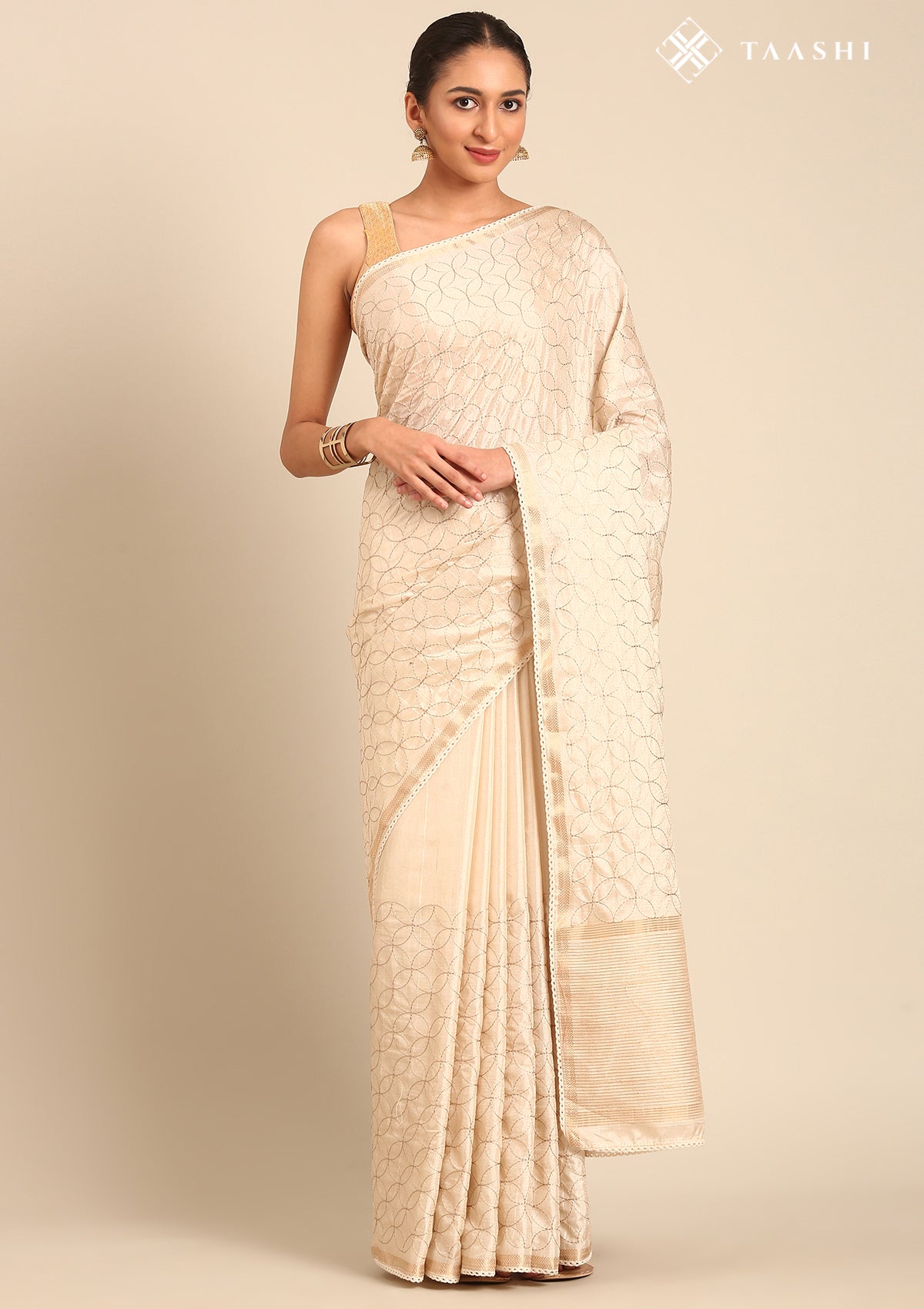 Cream Fancy Embroidery Tussar Saree - Taashi