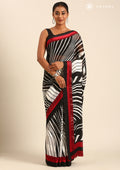Black And White Abstract Printed Chiffon Saree - Taashi