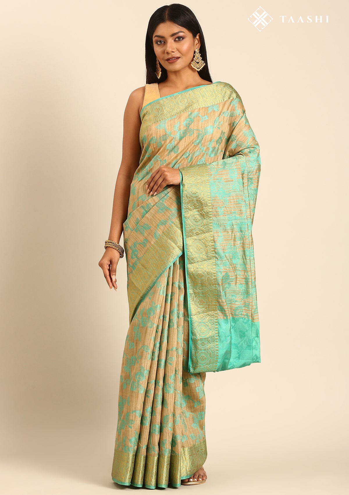 Beige And Turquoise Floral Woven Tussar Saree