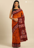 Orange And Maroon Batik Printed Cotton Saree - Taashi