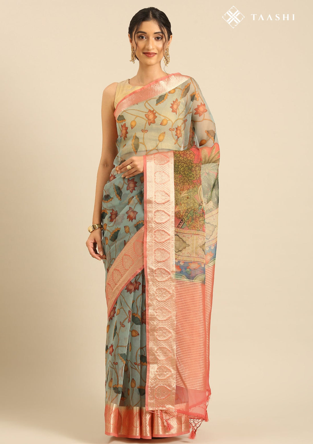 Dusty Blue Organza Pichwai Printed Saree