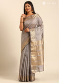 Grey Traditional Zari Butta Woven Tussar Saree - Taashi