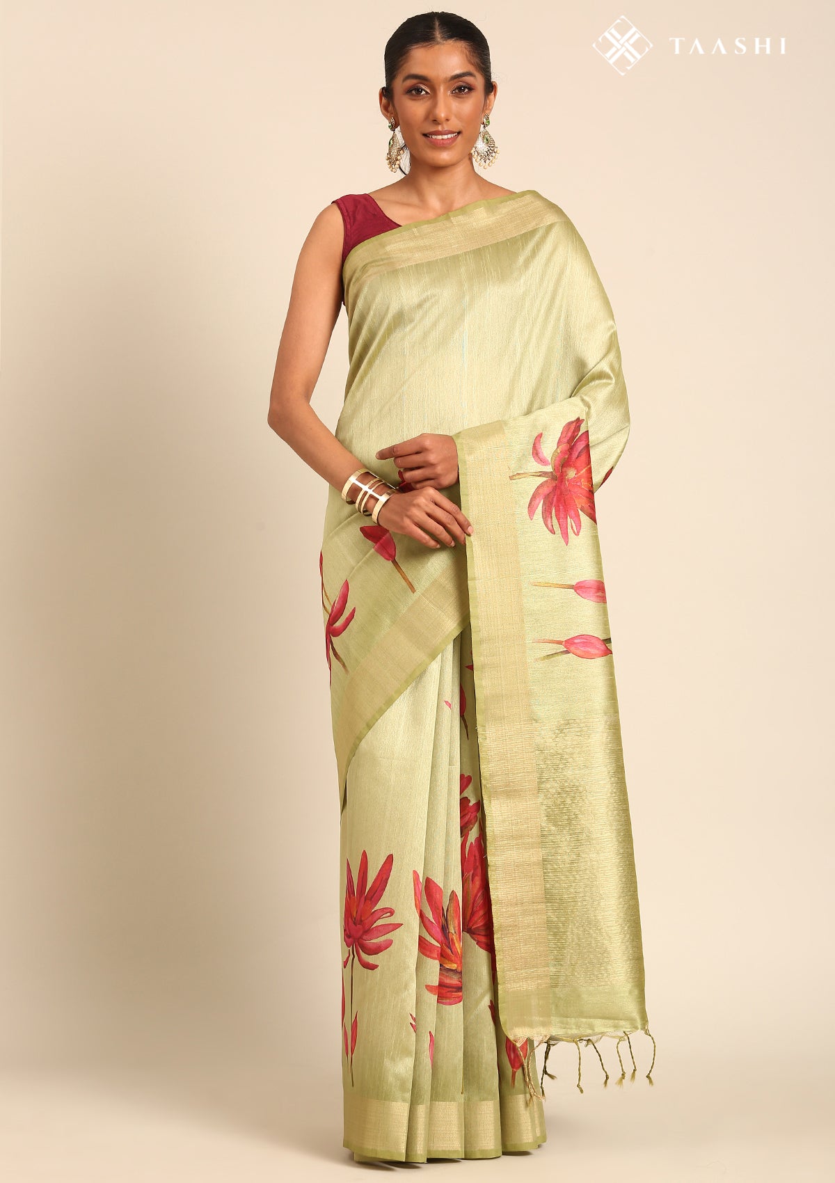 Olive Green Floral Printed Tussar Saree