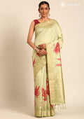 Olive Green Floral Printed Tussar Saree - Taashi