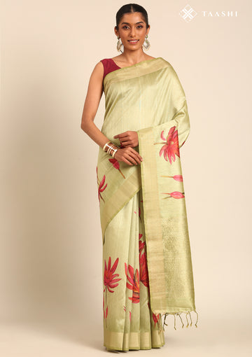 Olive Green Floral Printed Tussar Saree