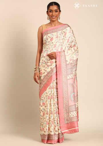 Cream And Dusty Pink Jaal Floral Printed Art Tussar Matka Silk Saree