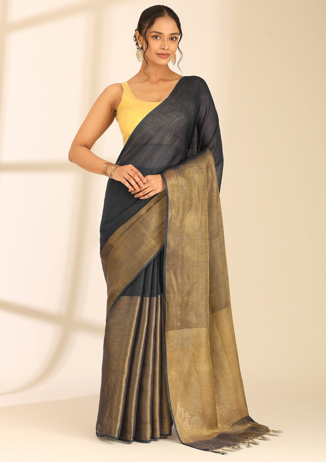 Black Linen Woven Saree