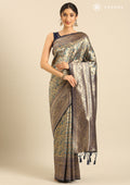 Gold & Blue Saree With Peacock Design - Taashi