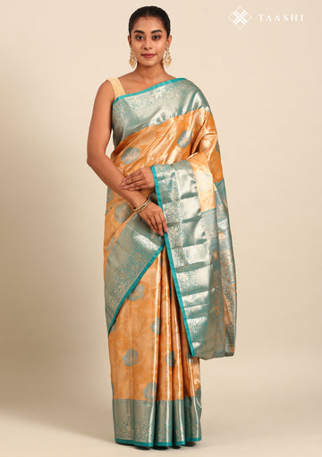 Orange and Teal Floral Pattern Tissue Brocade Kanchipuram Saree