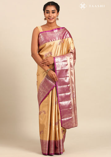 Copper and Violet Floral Pattern Tissue Brocade Kanchipuram Saree