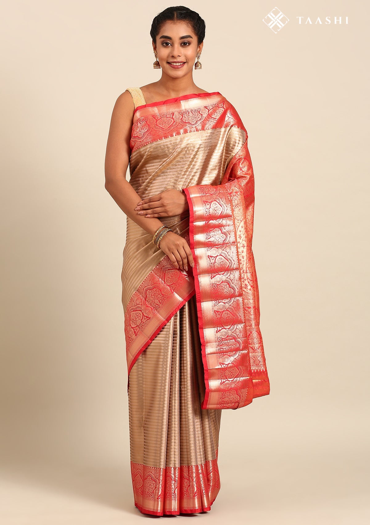 Dark Beige Silk Korvai Tissue Kanjivaram Weave Saree