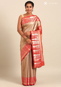 Dark Beige Silk Korvai Tissue Kanjivaram Weave Saree