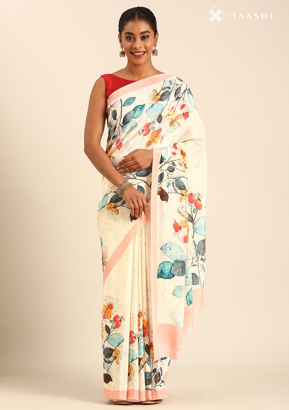 Cream Multicolor Watercolor Floral Printed Crepe Saree