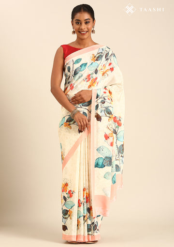 Cream Multicolor Watercolor Floral Printed Crepe Saree
