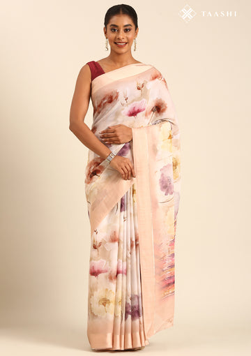 Pastel Beige Watercolor Floral Printed Georgette Saree