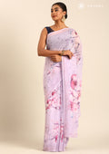Pastel Lavender Watercolor Floral Printed Georgette Saree - Taashi