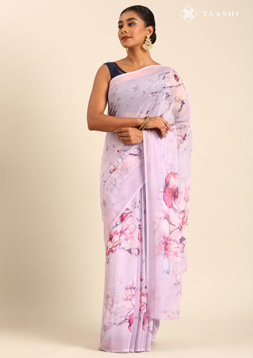 Pastel Lavender Watercolor Floral Printed Georgette Saree