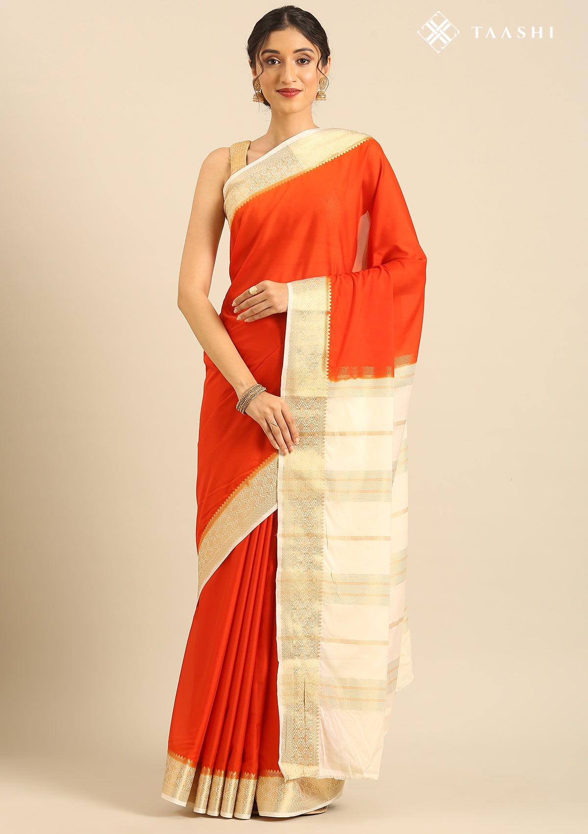 Orange Crepe Saree With Zari Border - Taashi