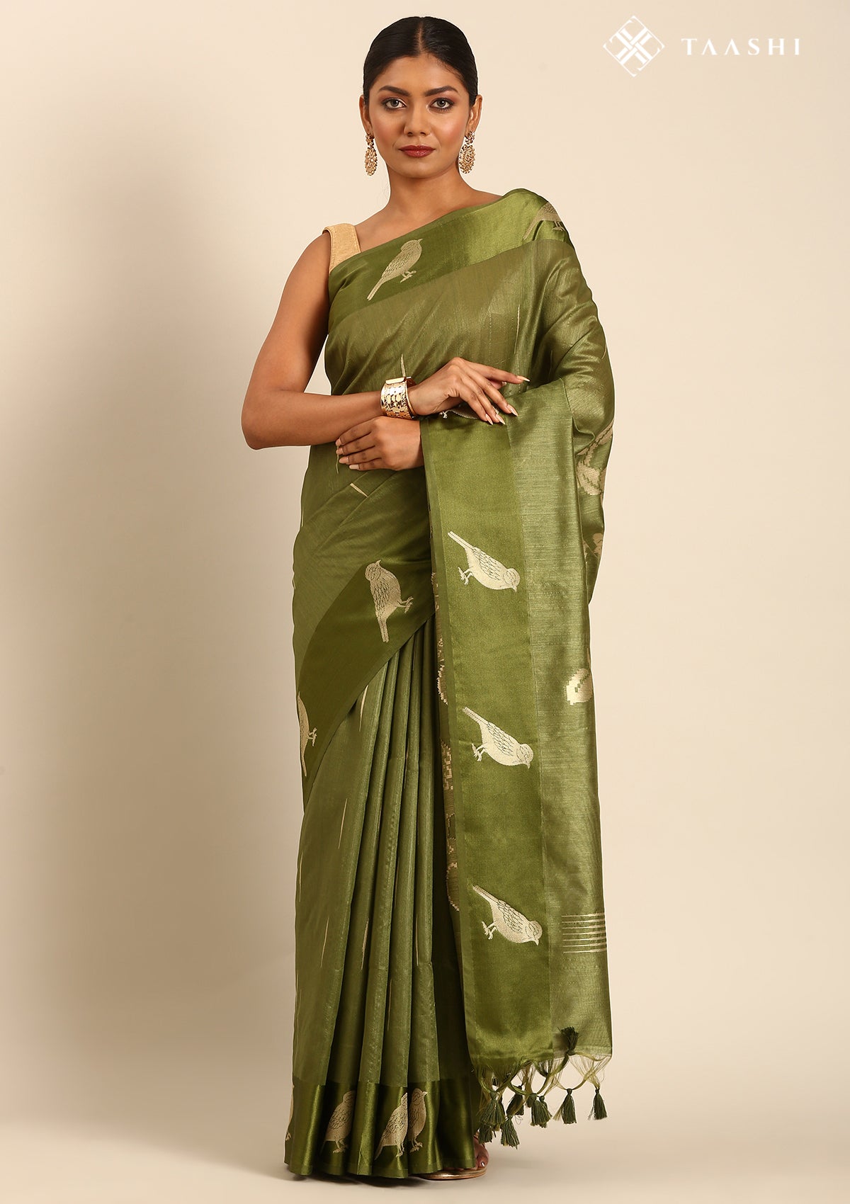 Olive Green Placement Jacquard Woven Tussar Saree