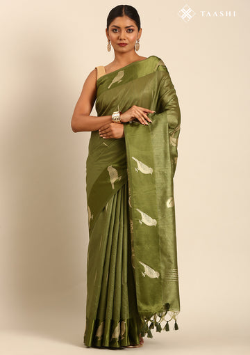 Olive Green Placement Jacquard Woven Tussar Saree