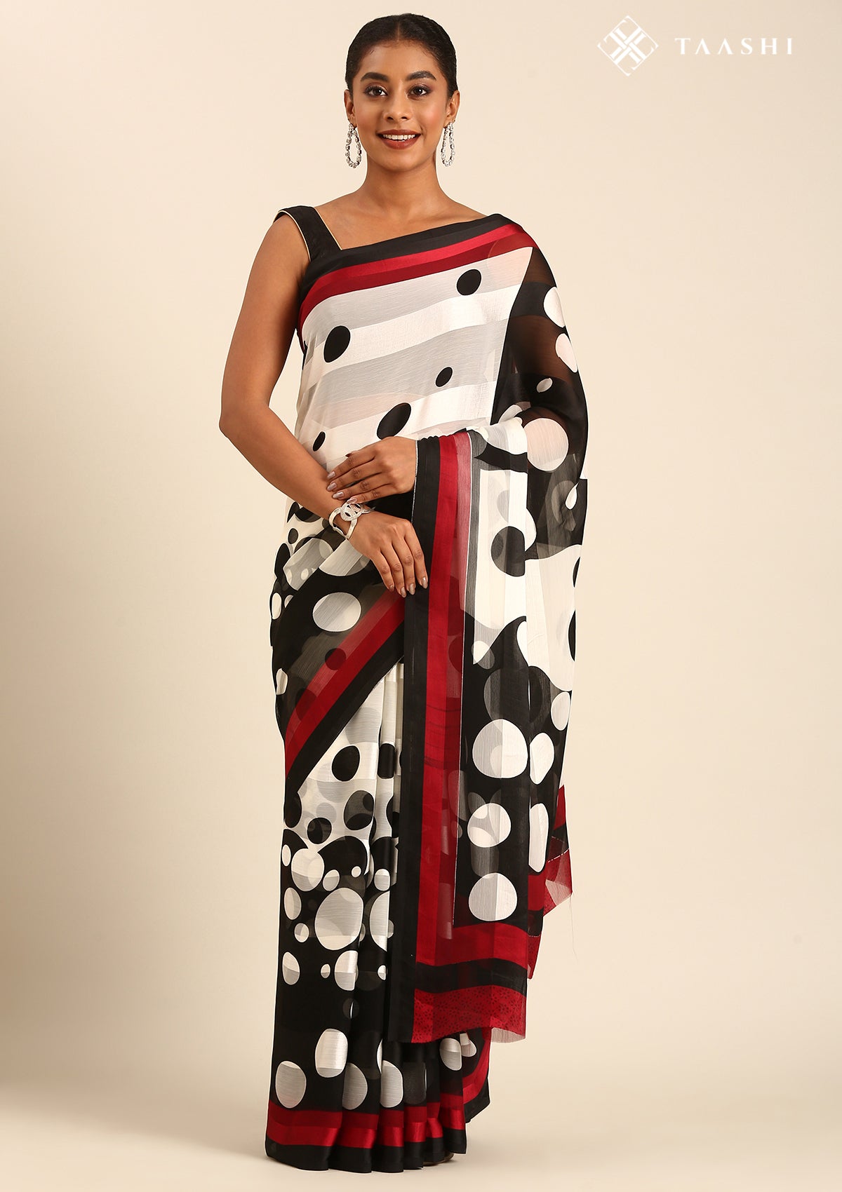 Black Polkadots Printed Chiffon Saree
