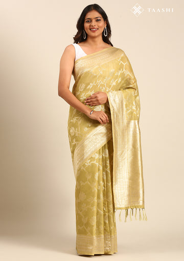 Pista Green Floral Woven Tussar Saree