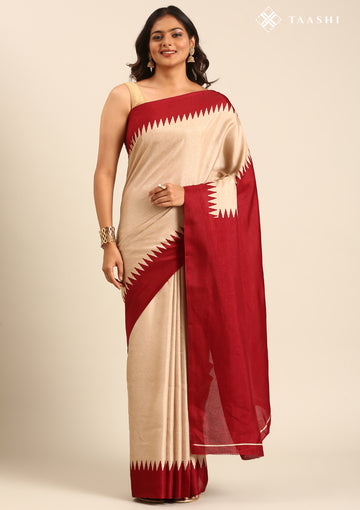 Beige Maroon Temple Bordered Digital Printed Tussar Saree
