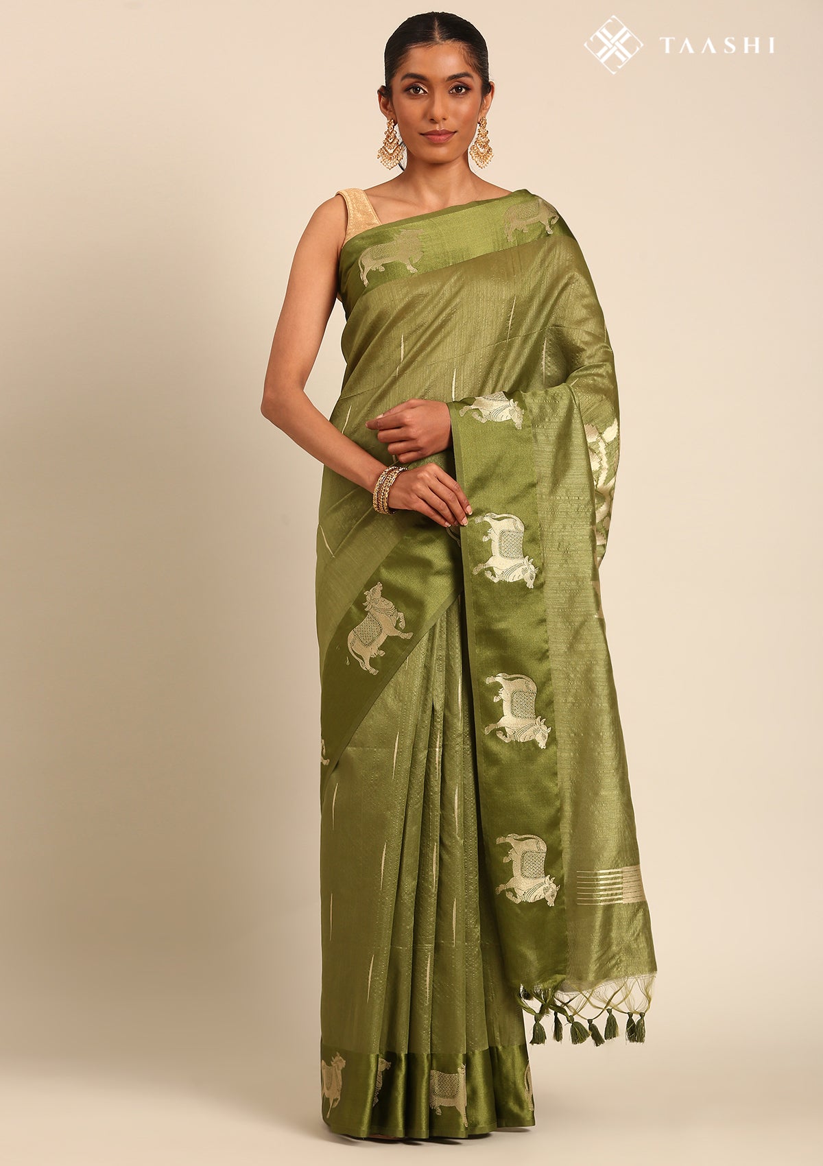 Olive Green Jacquard Pattern Placement Tussar Saree