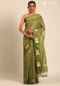 Olive Green Jacquard Pattern Placement Tussar Saree - Taashi