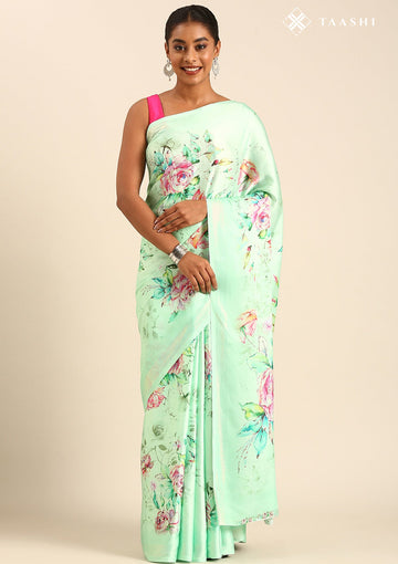 Light Mint Green Satin Contemporary Printed Saree