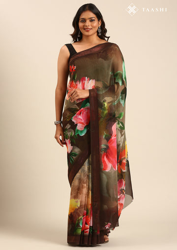 Chocolate Brown Multicolor Floral Digital Printed Georgette Saree