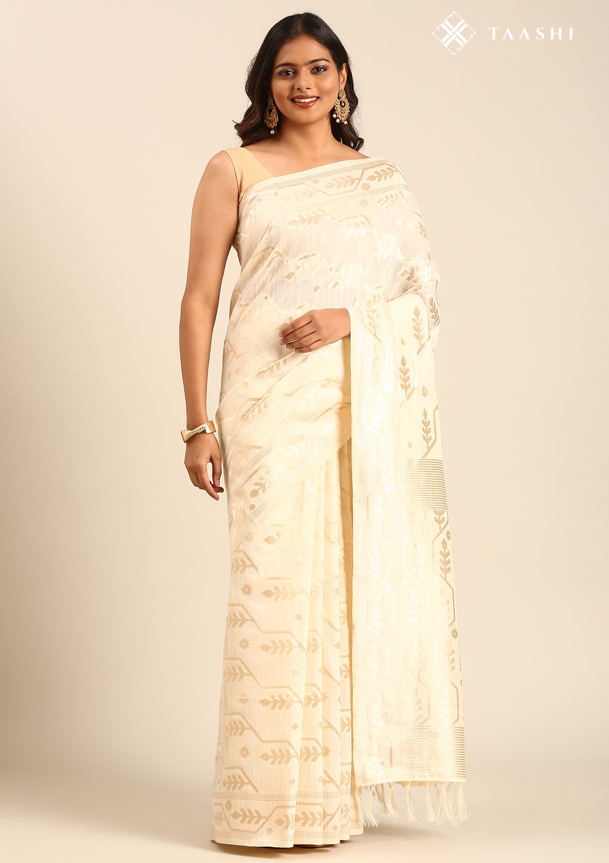Cream Geometric Floral Woven Tussar Saree