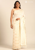 Cream Geometric Floral Woven Tussar Saree - Taashi