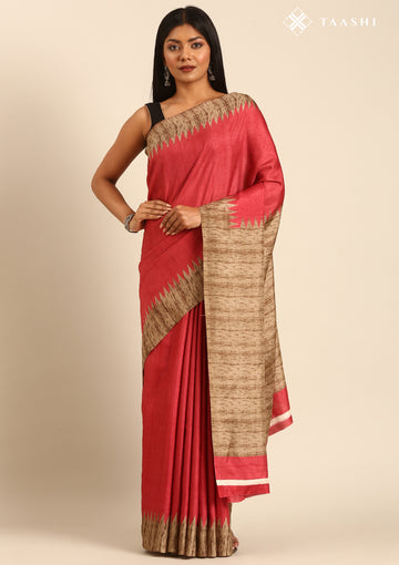 Dusty Pink Temple Border Printed Tussar Saree