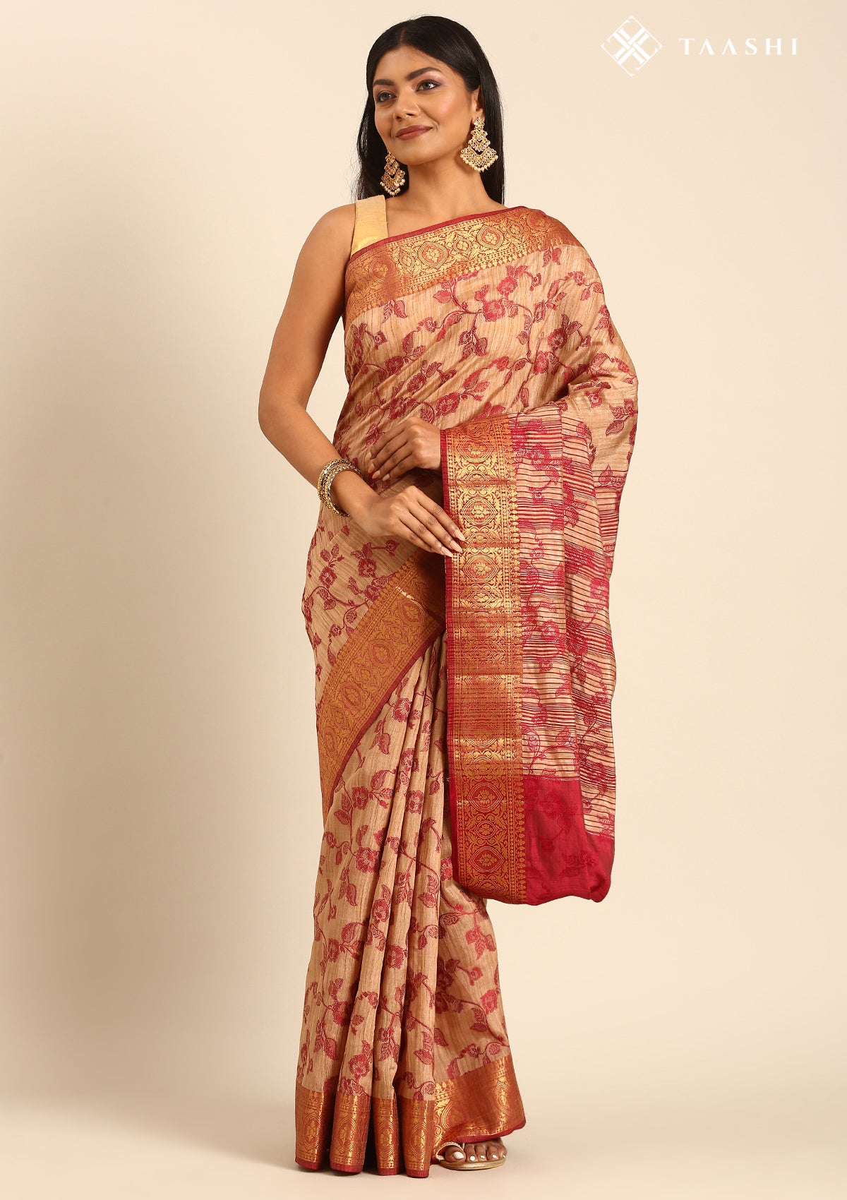 Beige And Maroon Floral Woven Tussar Saree