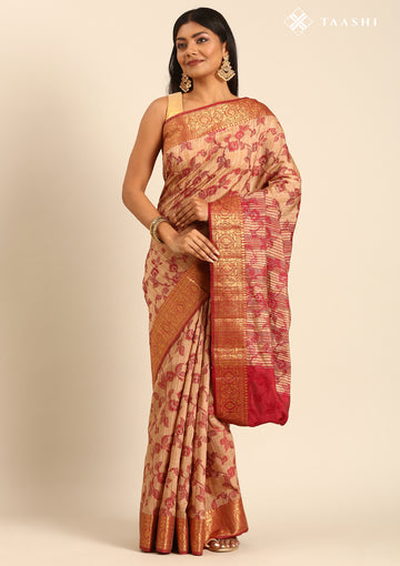 Beige And Maroon Floral Woven Tussar Saree