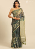 Sage Green Floral Print With Neutral Color Printed Tissue Saree - Taashi