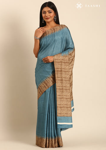 Blue Temple Border Printed Tussar Saree