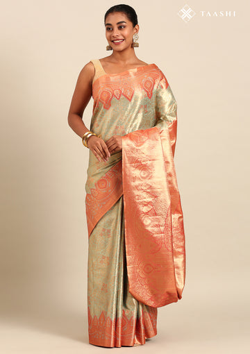 Turquoise and Orange Floral Pattern Tissue Brocade Kanchipuram Saree