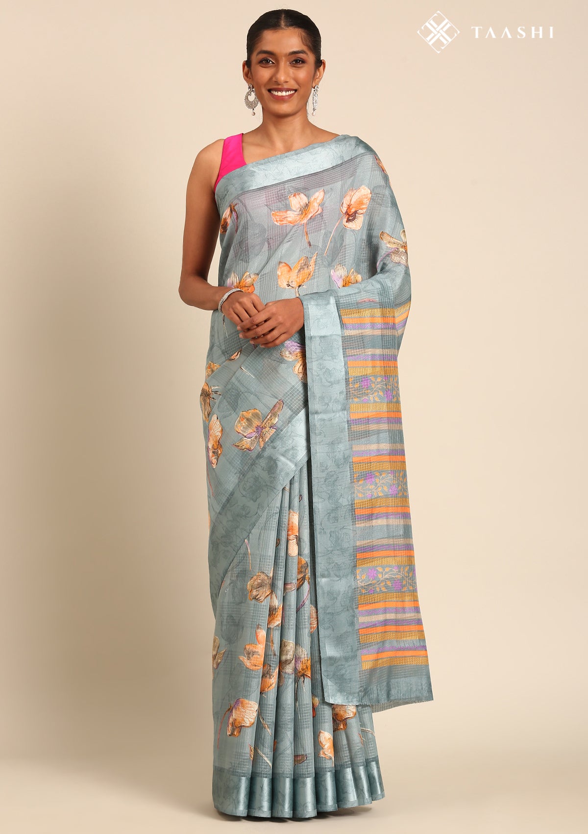 Powder Blue Watercolor Floral Printed And Plaids Woven Linen Saree