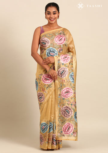 Golden Floral Embroidered Tissue Saree